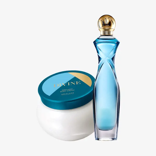 sebotol parfum di samping sebuah toples krim