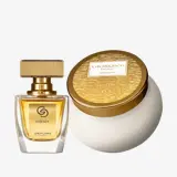 sebotol parfum di samping sebuah toples krim