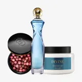 un flacon de parfum et un pot de fard à joues