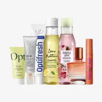 um conjunto de frascos de cosméticos
