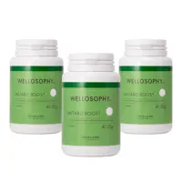 a group of white containers with green labels