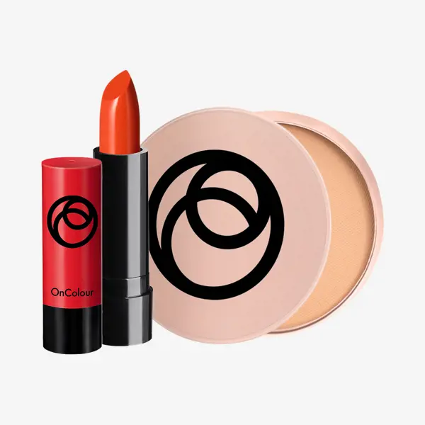 sebuah lipstik dan bedak dengan logo di atasnya