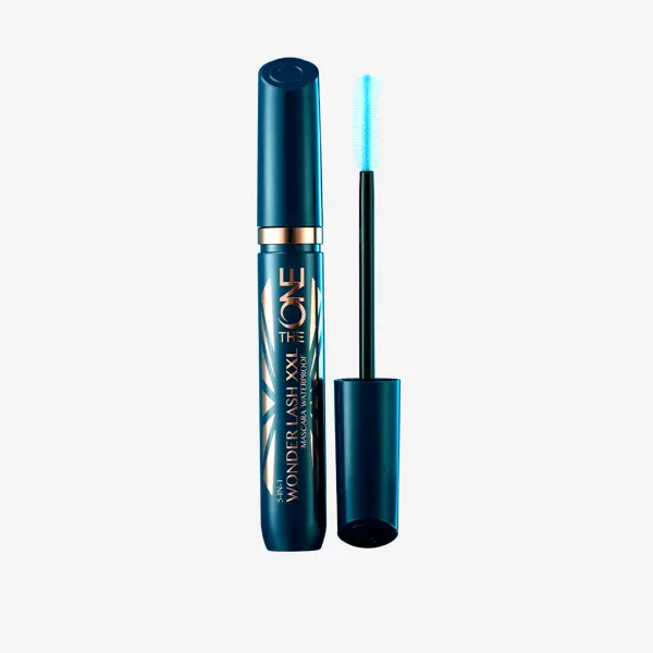 a blue mascara tube with a blue brush
