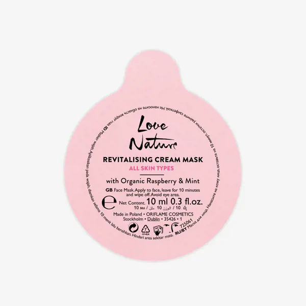 a pink label with black text