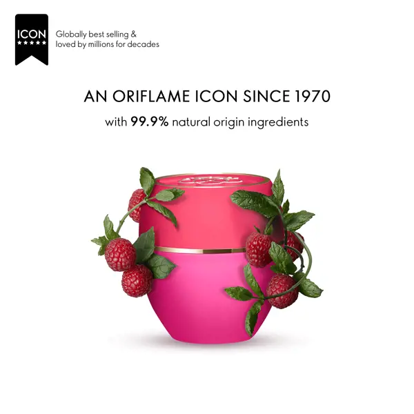 a pink jar with red berries around it