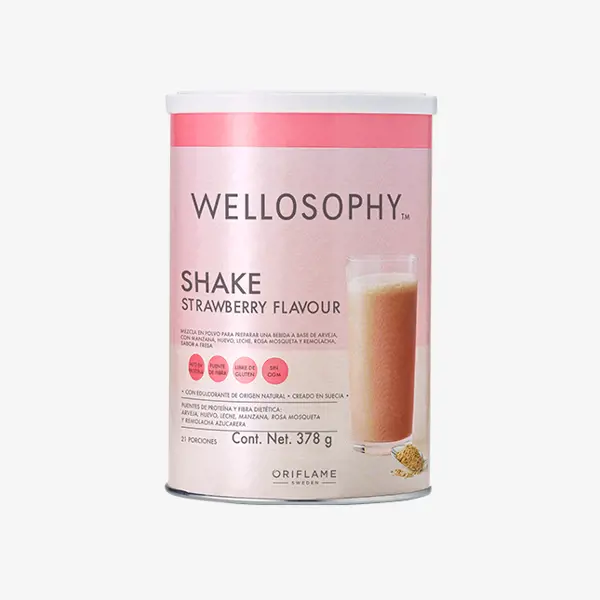 Mezcla en Polvo para Preparar una Bebida a Base de Arveja, con Manzana, Huevo, Leche, Rosa Mosqueta y Remolacha, Sabor a Fresa - Shake Strawberry Flavour "Wellosophy™"*