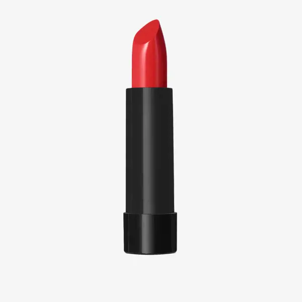 una barra de labios roja en un tubo negro