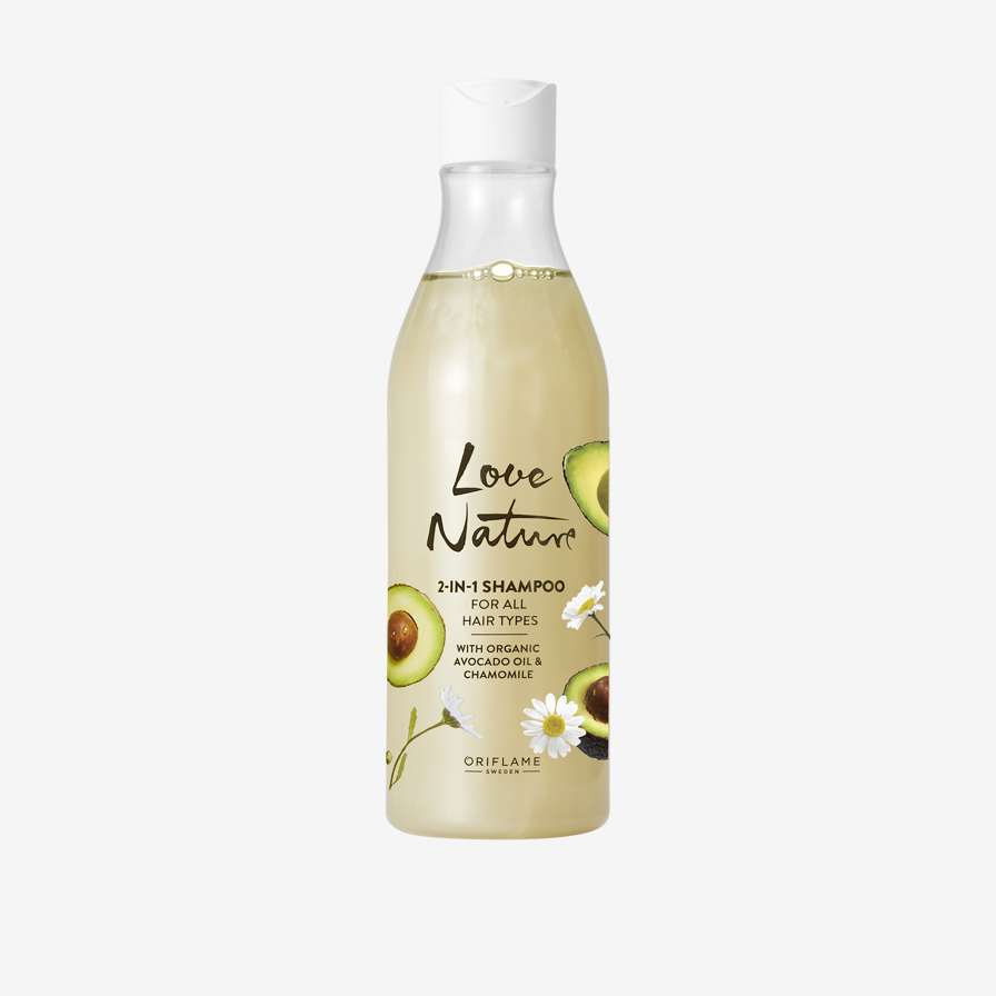 Love Nature 2 tasi 1 da organik avokado va moychechakli barcha soch turlari uchun parvarish-shampun. Yirik hajmda