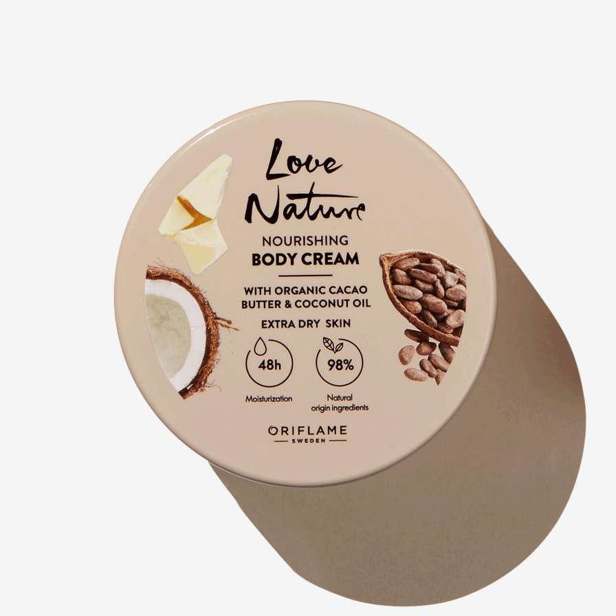 Love Nature organik kakao va kokos moyi bilan badan uchun oziqlantiruvchi krem