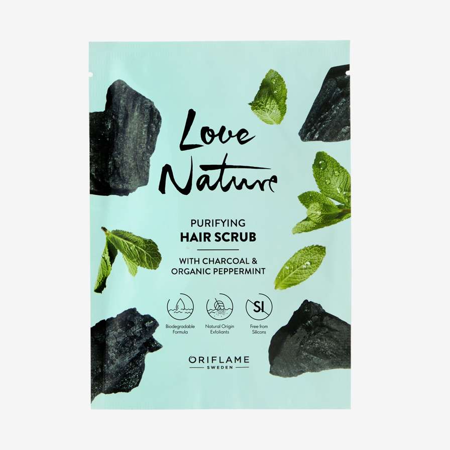Love Nature шашқа арналған органикалық жалбыз бен көмір қосылған скраб-сусабын