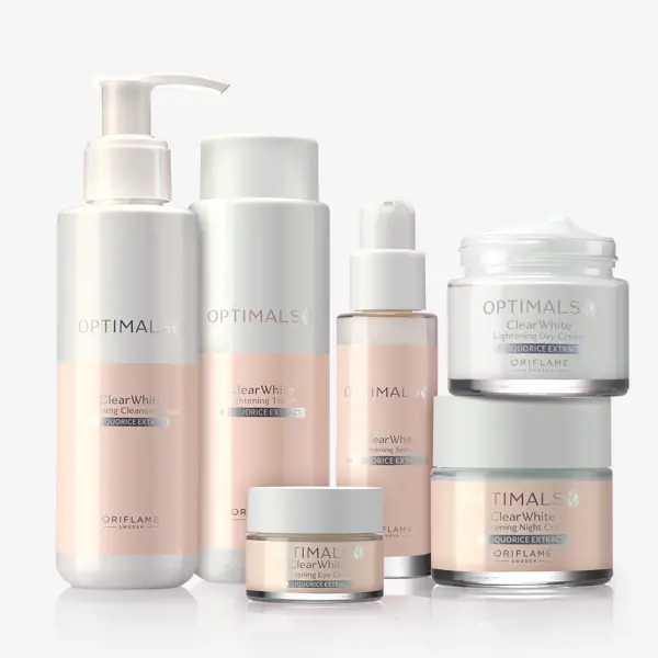 a group of white containers with pink labels