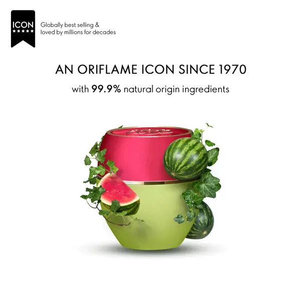 a product advertisement with watermelons and a jar of cream