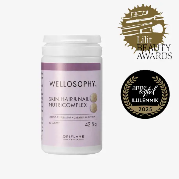 baltas buteliukas su violetinės spalvos etikete