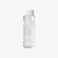 a clear bottle with white label