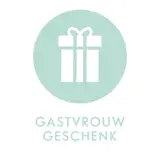 een witte geschenkdoos met een strik in een blauwe cirkel