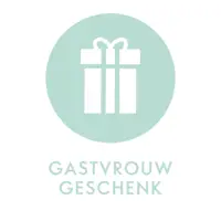 een witte geschenkdoos met een strik in een blauwe cirkel