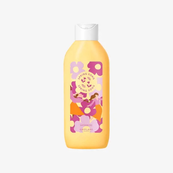 sebotol sampo dengan gambar bunga di atasnya