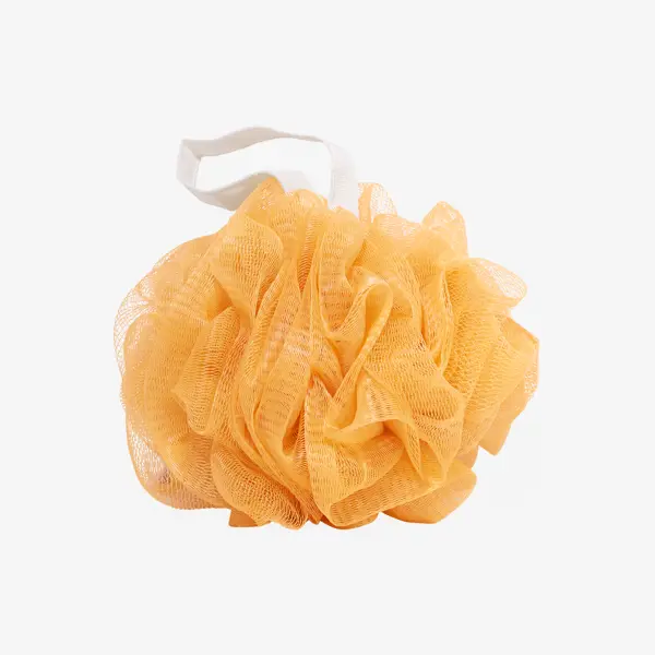 una esponja de baño amarilla con mango blanco