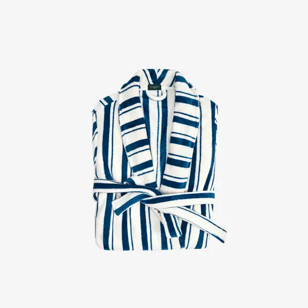 a blue and white striped robe