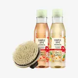 un grupo de botellas de gel de ducha y un cepillo