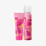 un frasco de crema rosa y amarillo