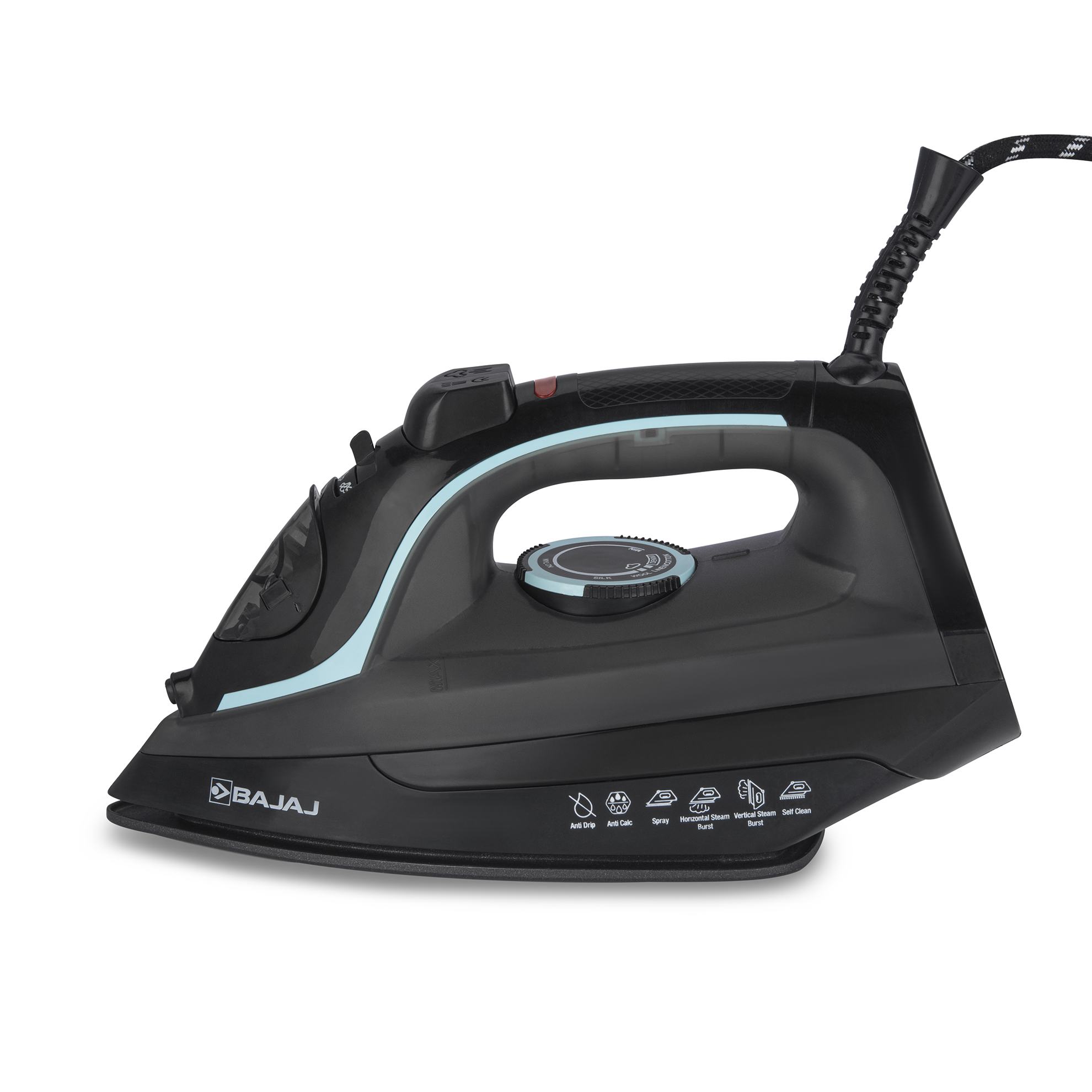 a black iron with a blue handle