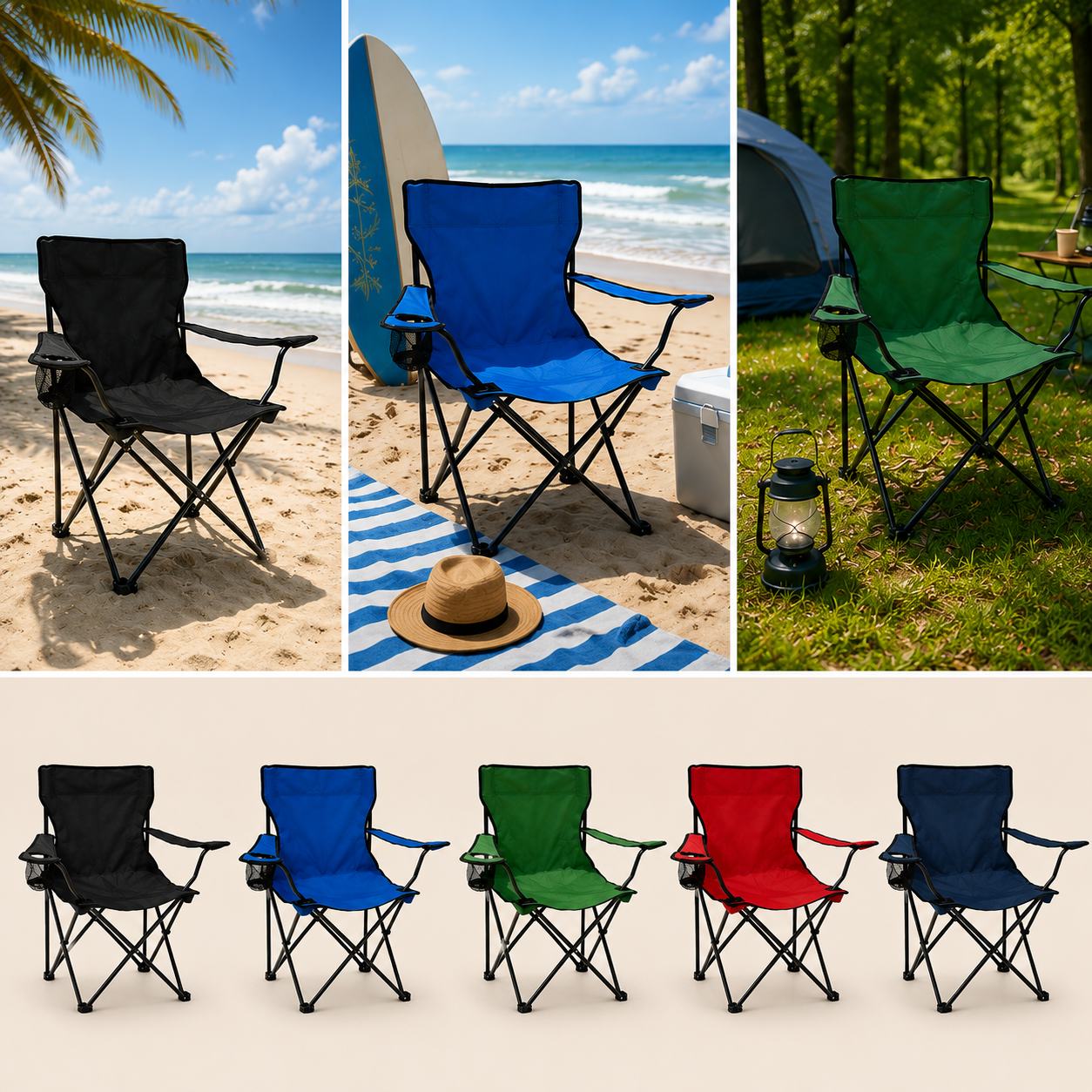 un collage de chaises sur une plage