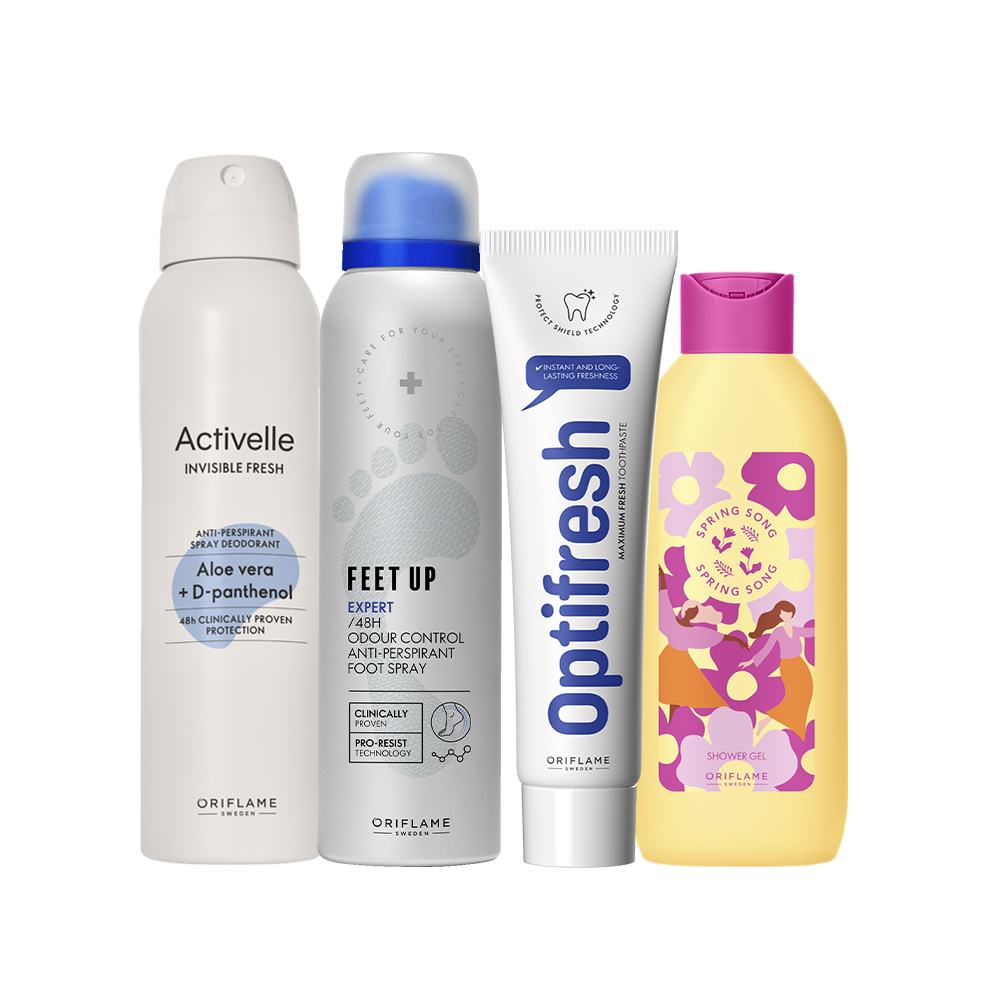 a group of bottles of body care