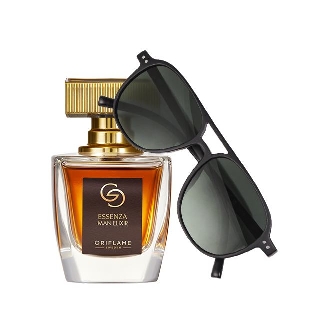 un frasco de perfume y unas gafas de sol