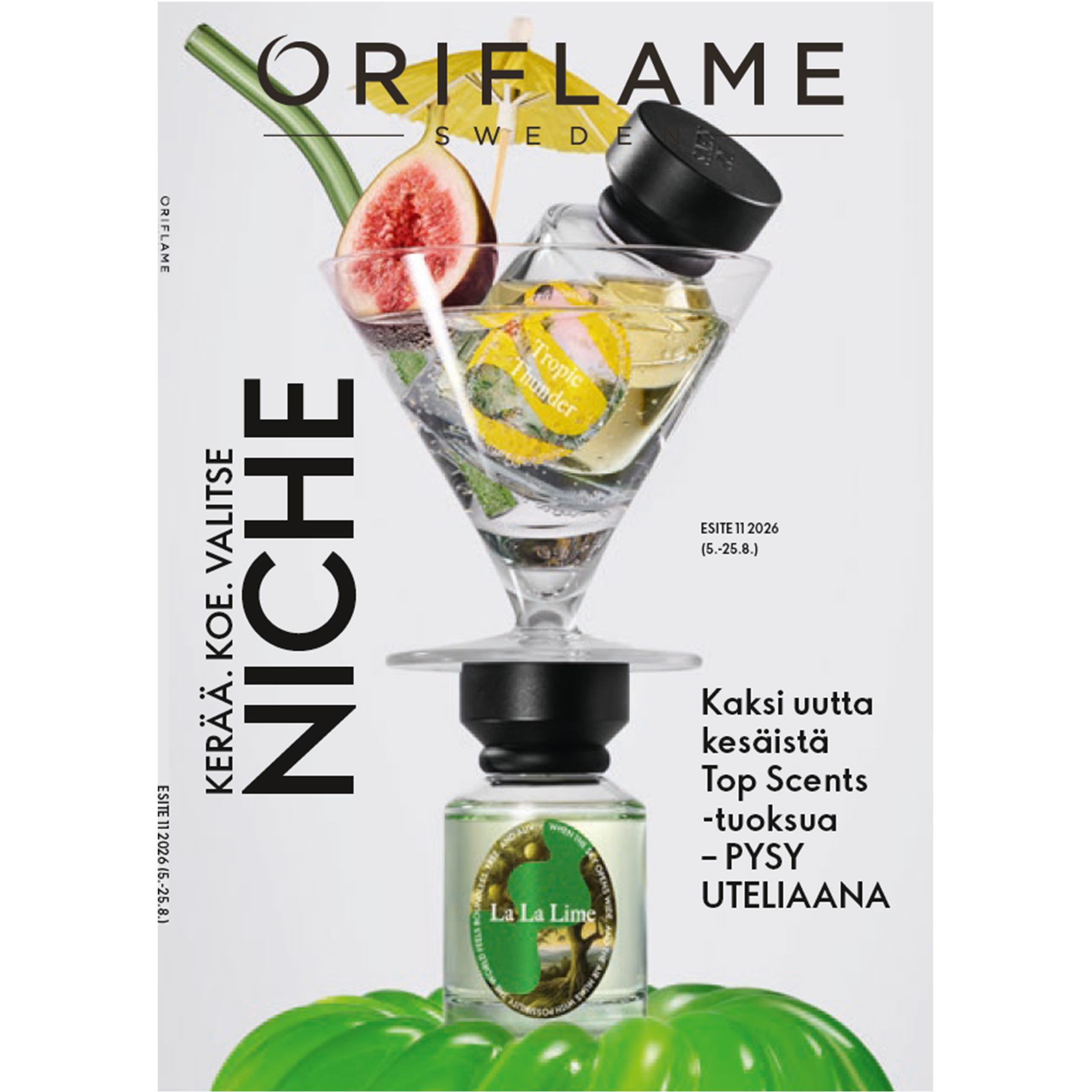 aikakauslehden kansi, jossa on lasi nestettä ja lasi hedelmiä