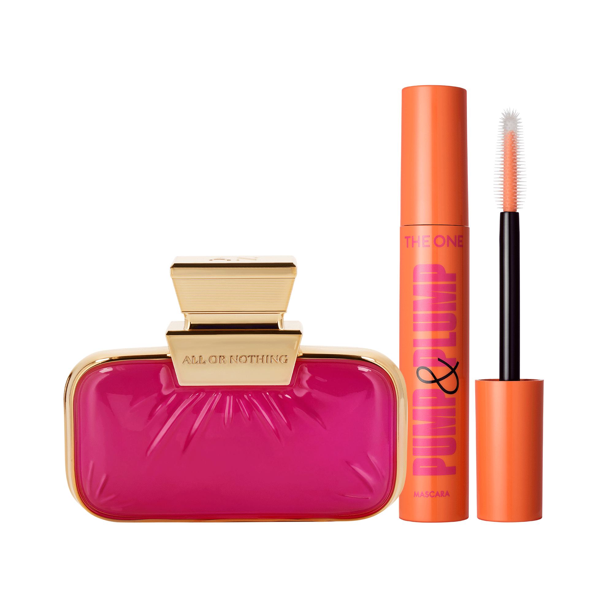 sebuah tas berwarna pink dengan satu tabung maskara dan satu tabung maskara