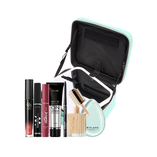 un neceser con diferentes productos de maquillaje