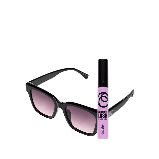 unas gafas de sol negras con un delineador de ojos de tono rosa