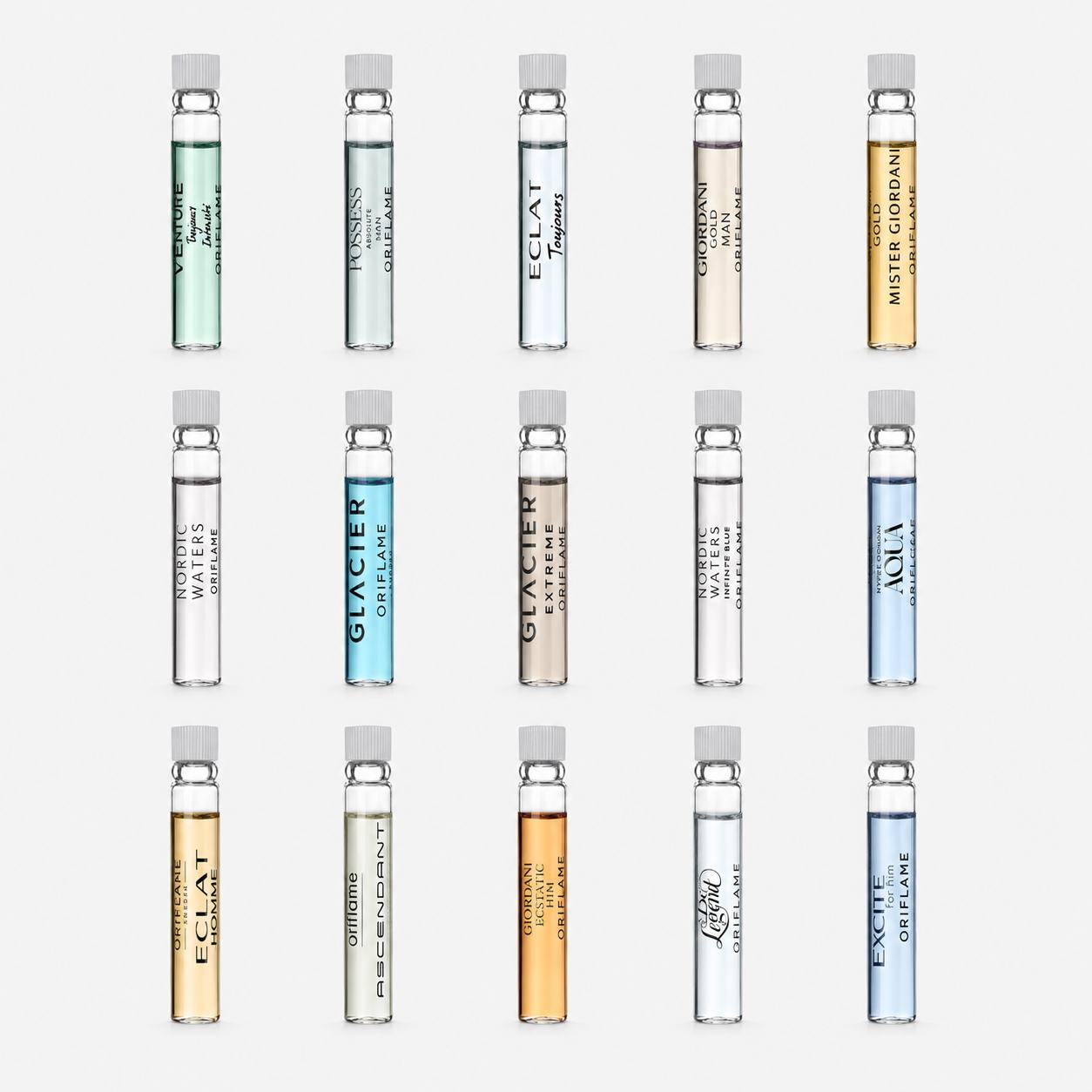 a group of vials with different colored liquid