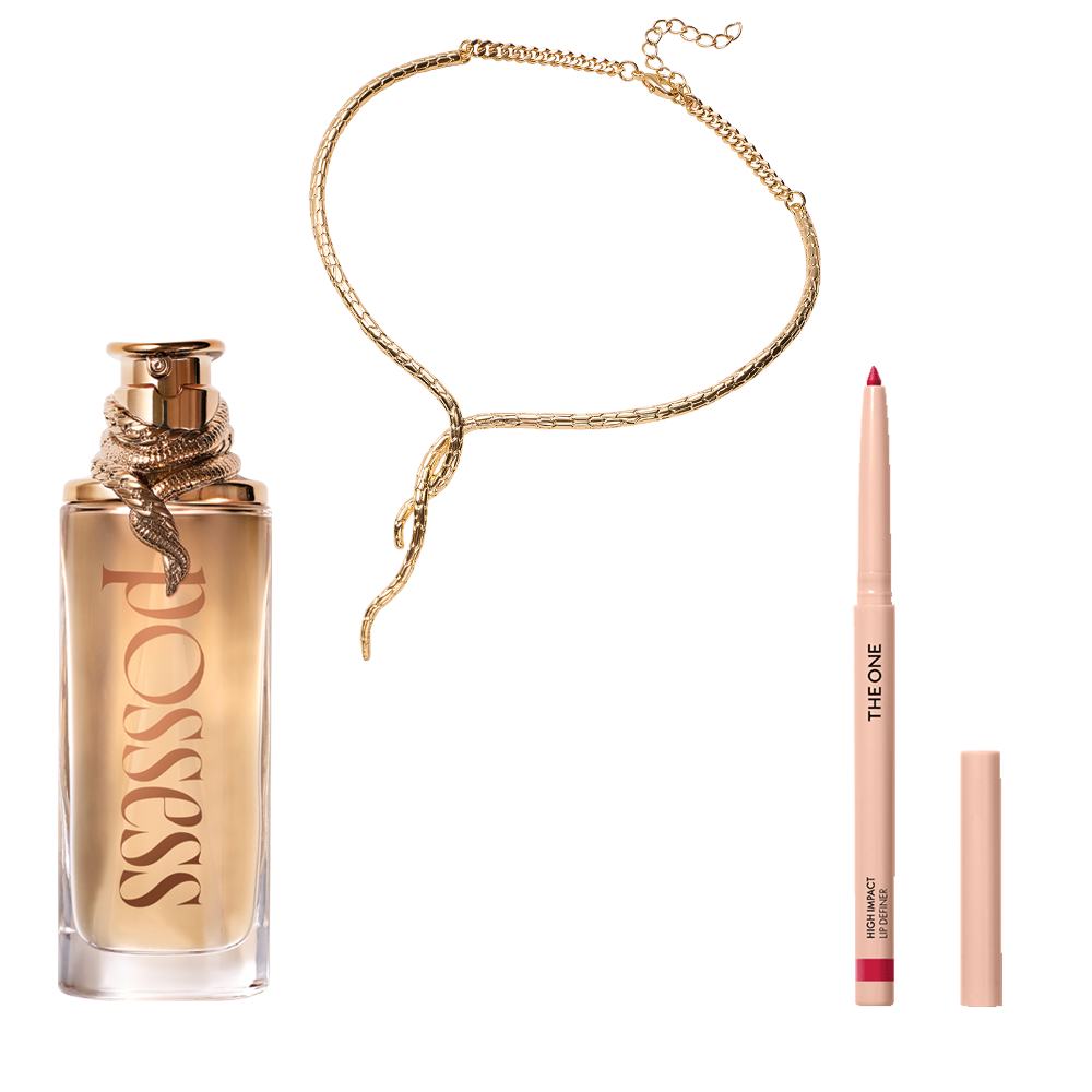 o sticluță de parfum și un creion de buze