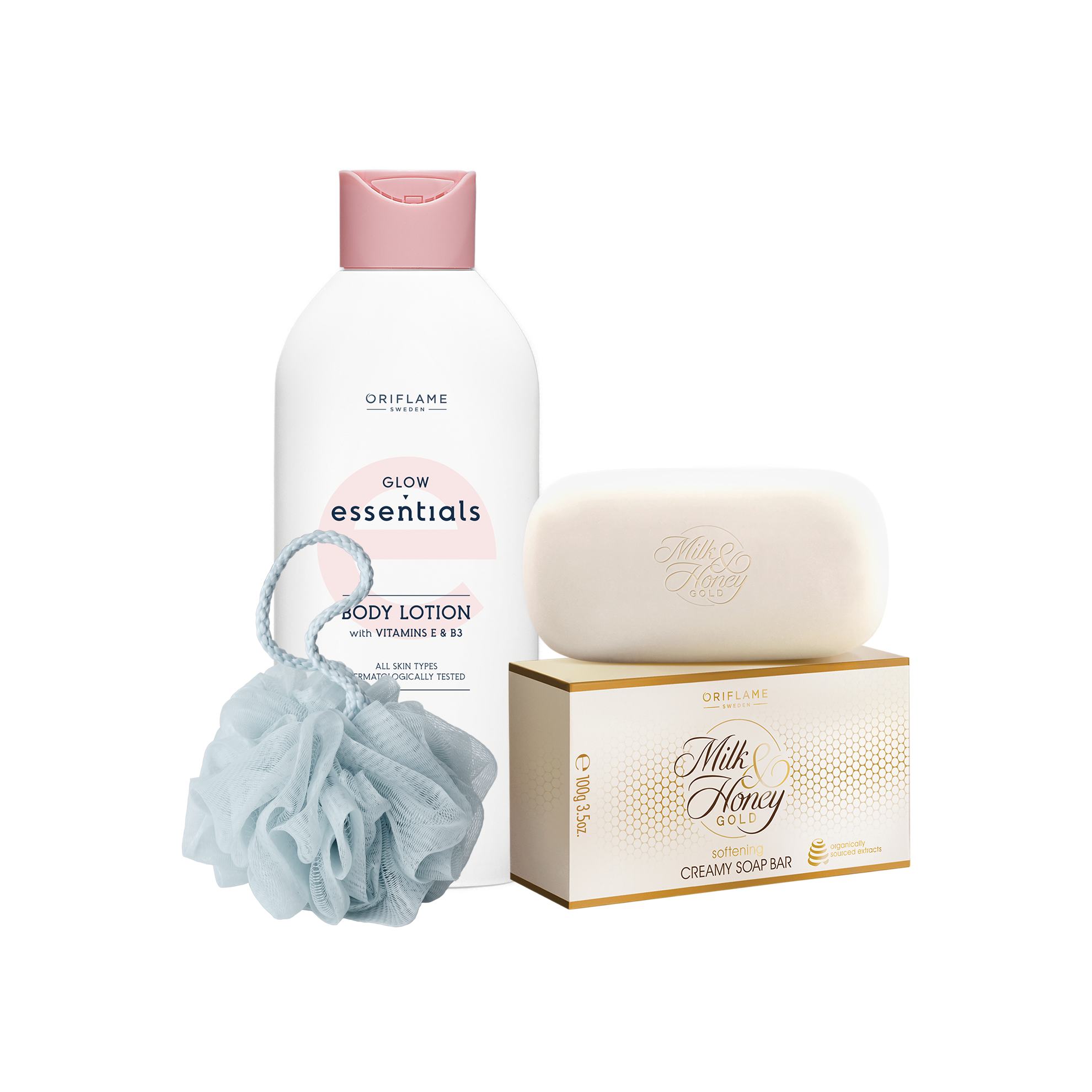 a group of body lotions and a sponge