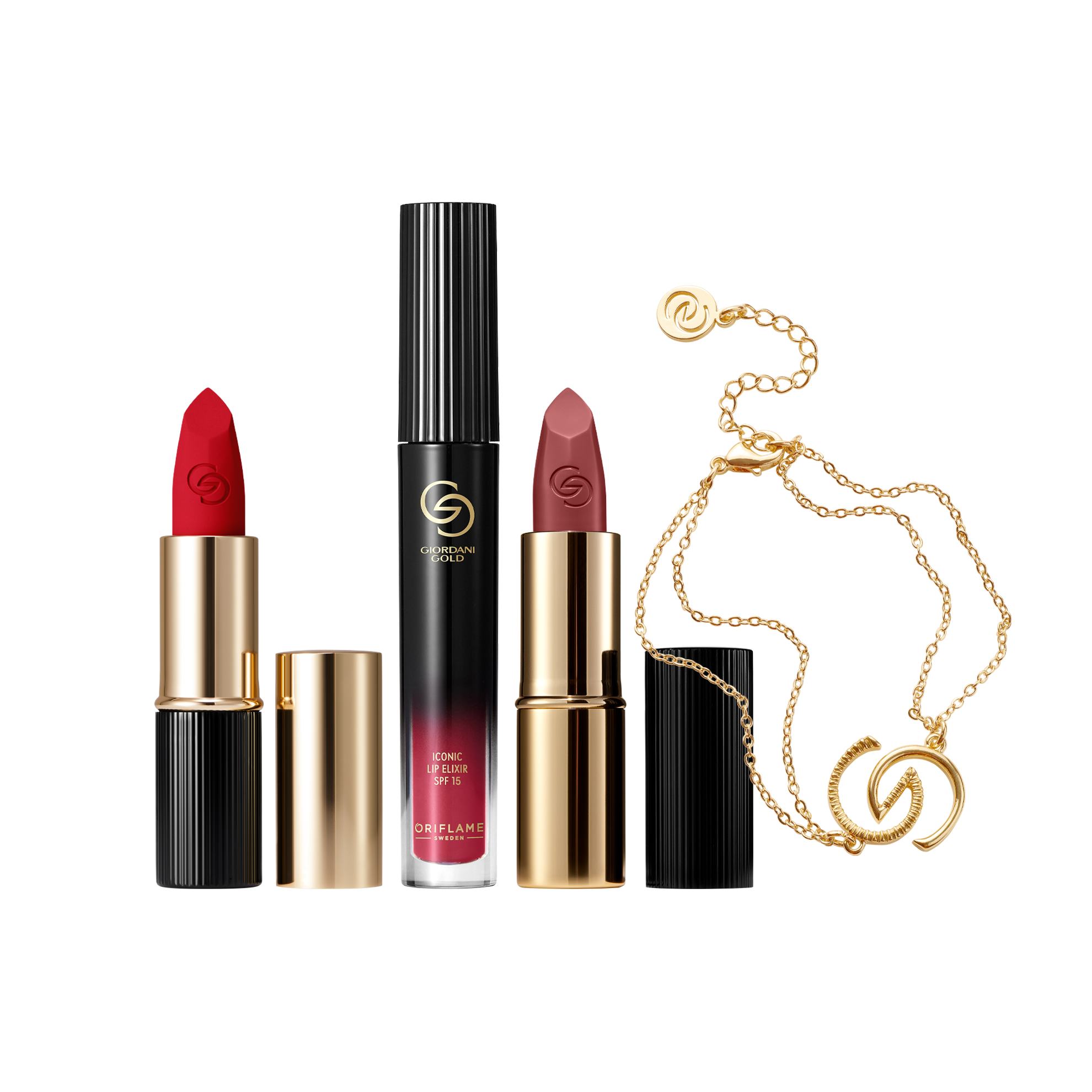 a group of lipsticks and a necklace