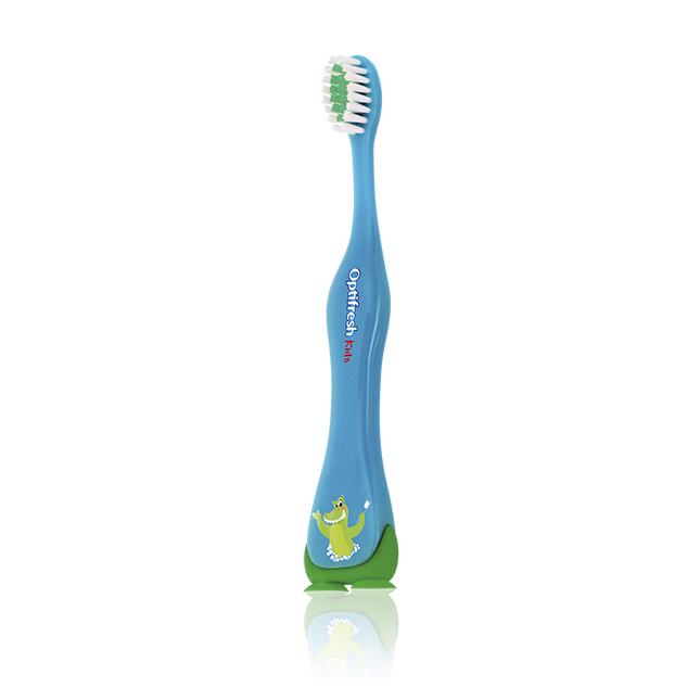 un cepillo de dientes azul con cerdas blancas