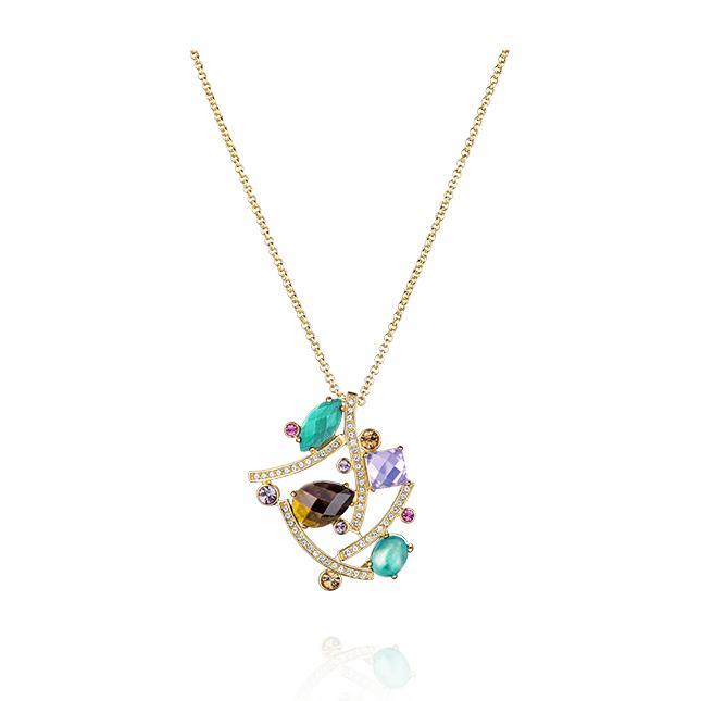 Un collar de oro con piedras multicolores.