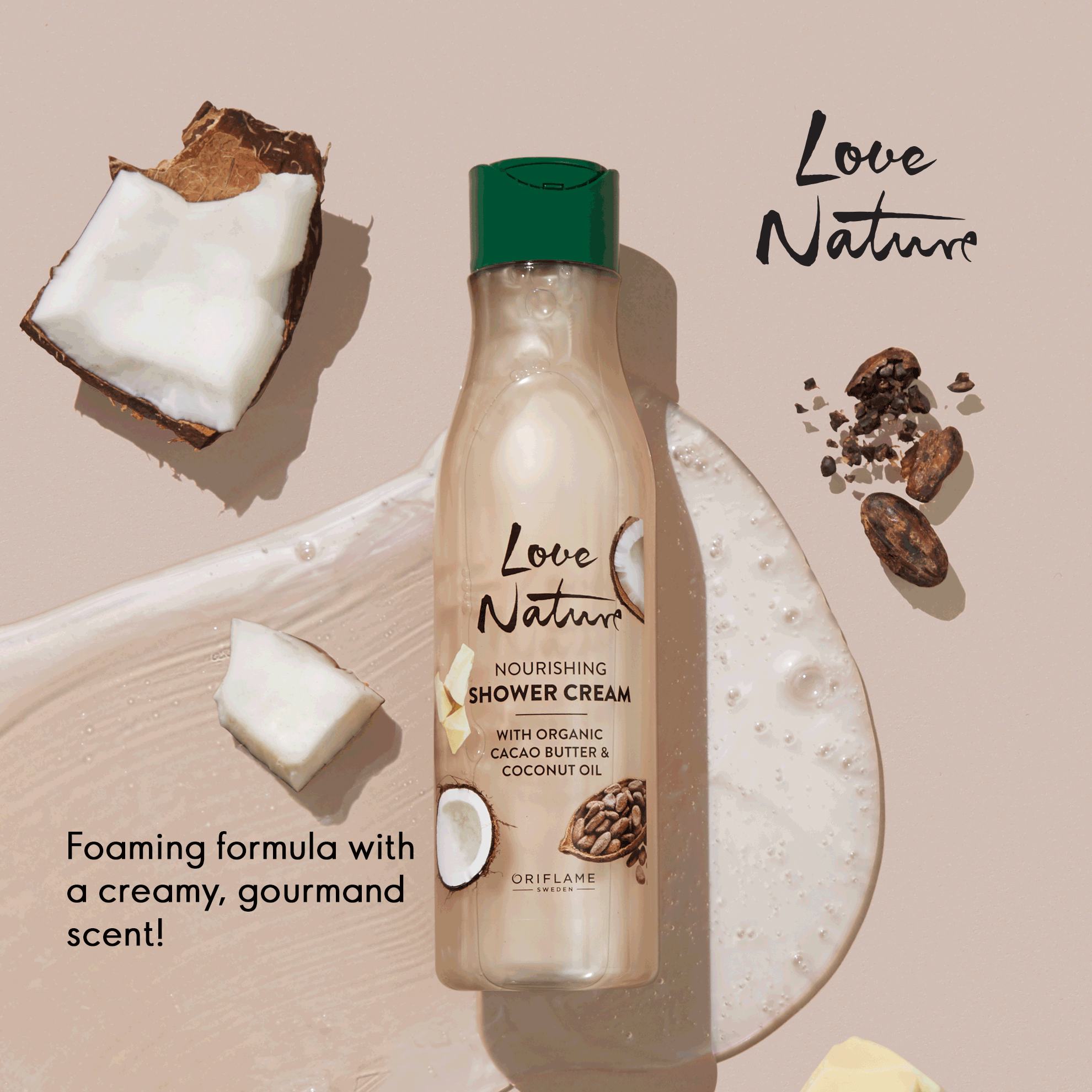 a bottle of shampoo with coconuts and a few pieces of coconut