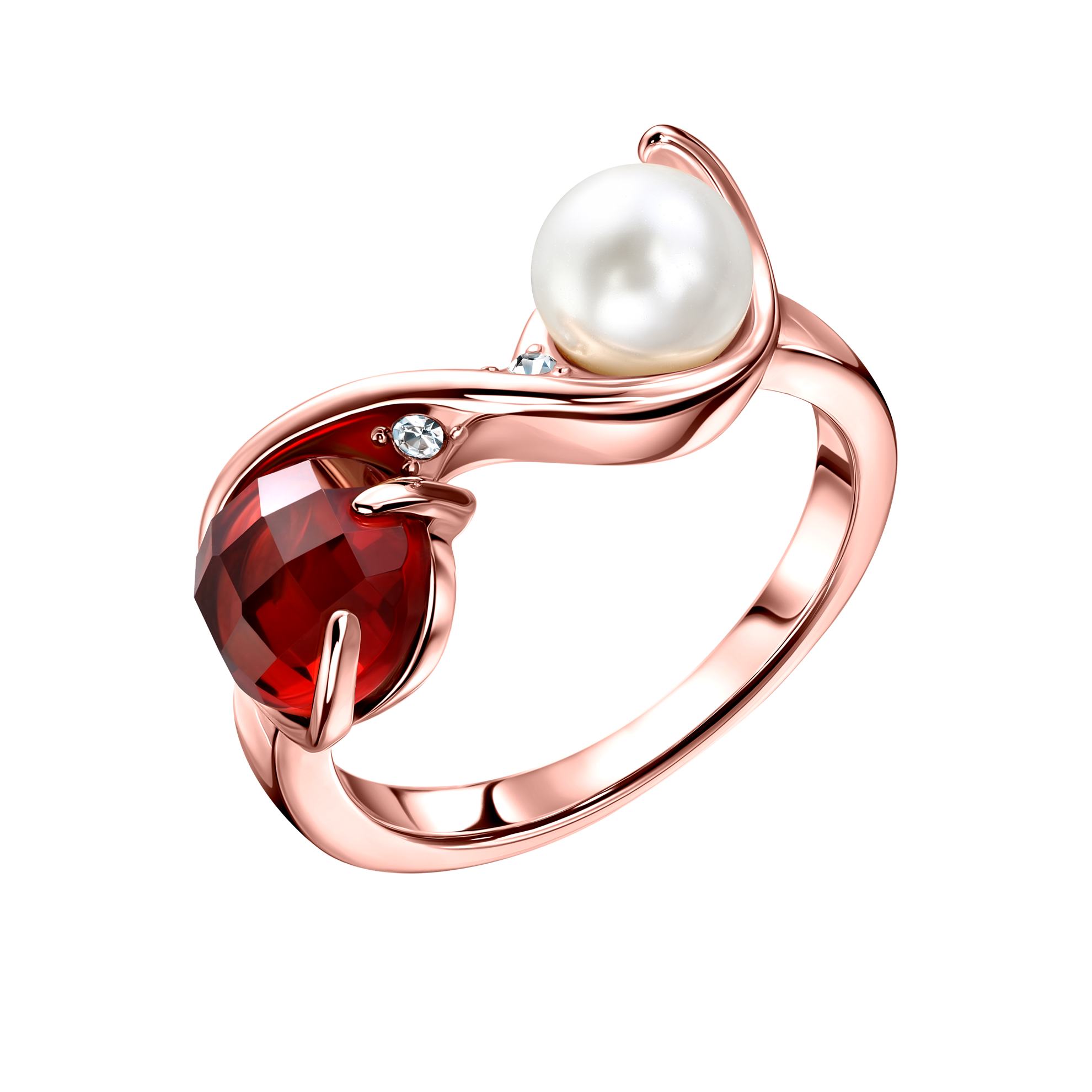 un anillo con una perla y una piedra roja