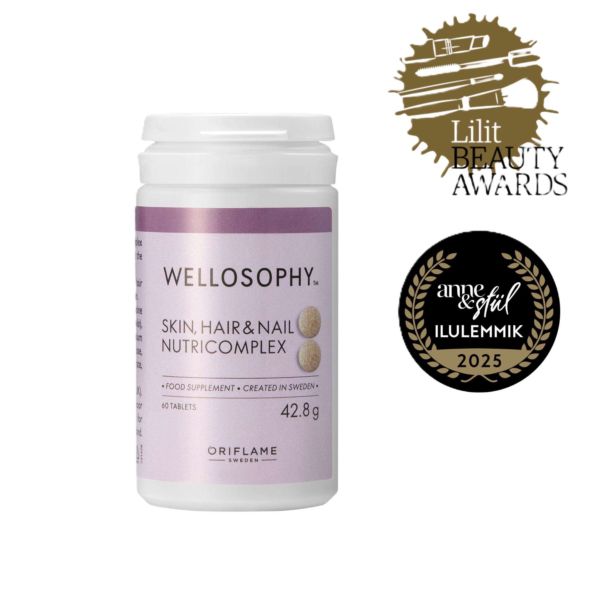 baltas buteliukas su violetinės spalvos etikete