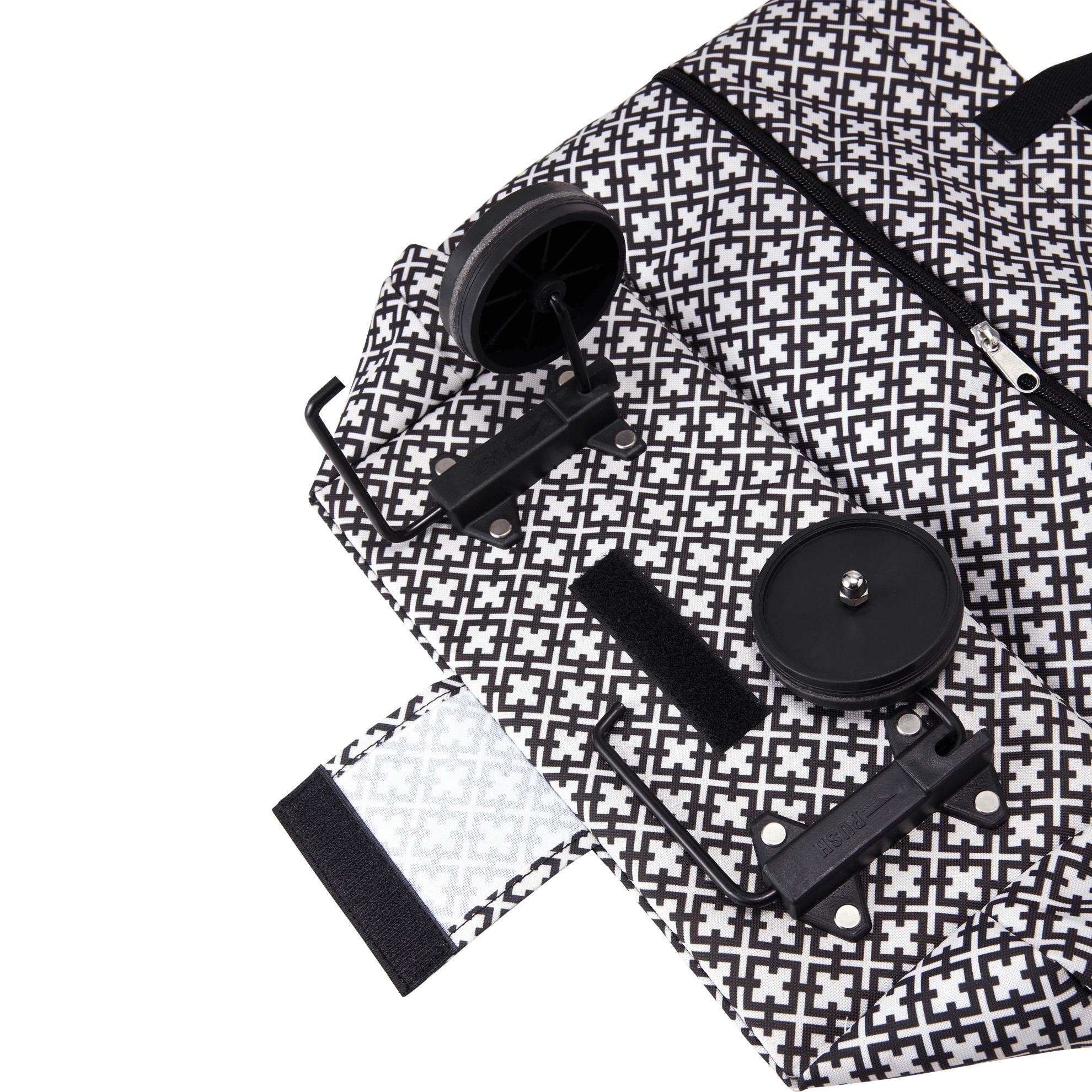 un bolso blanco y negro con ruedas