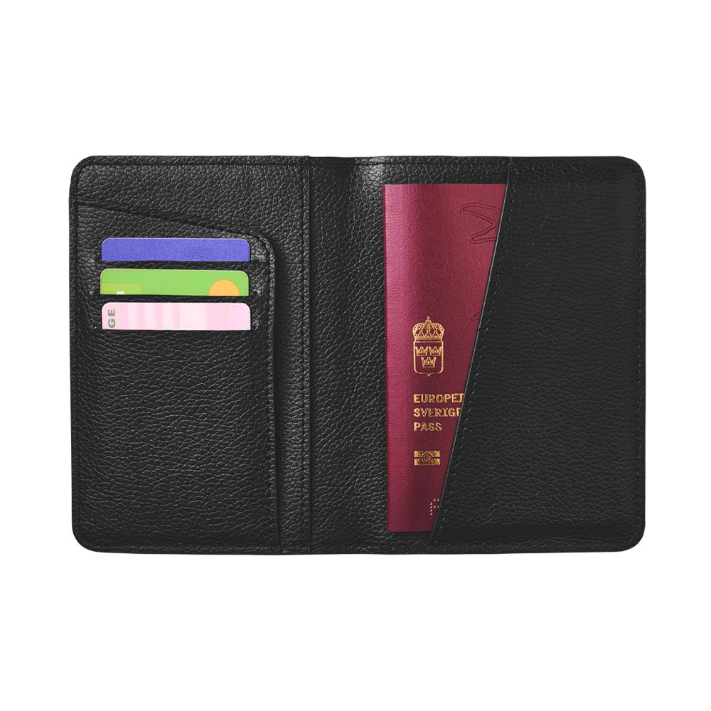 ένα μαύρο δερμάτινο πορτοφόλι με ένα διαβατήριο και πιστωτικές κάρτες μέσα