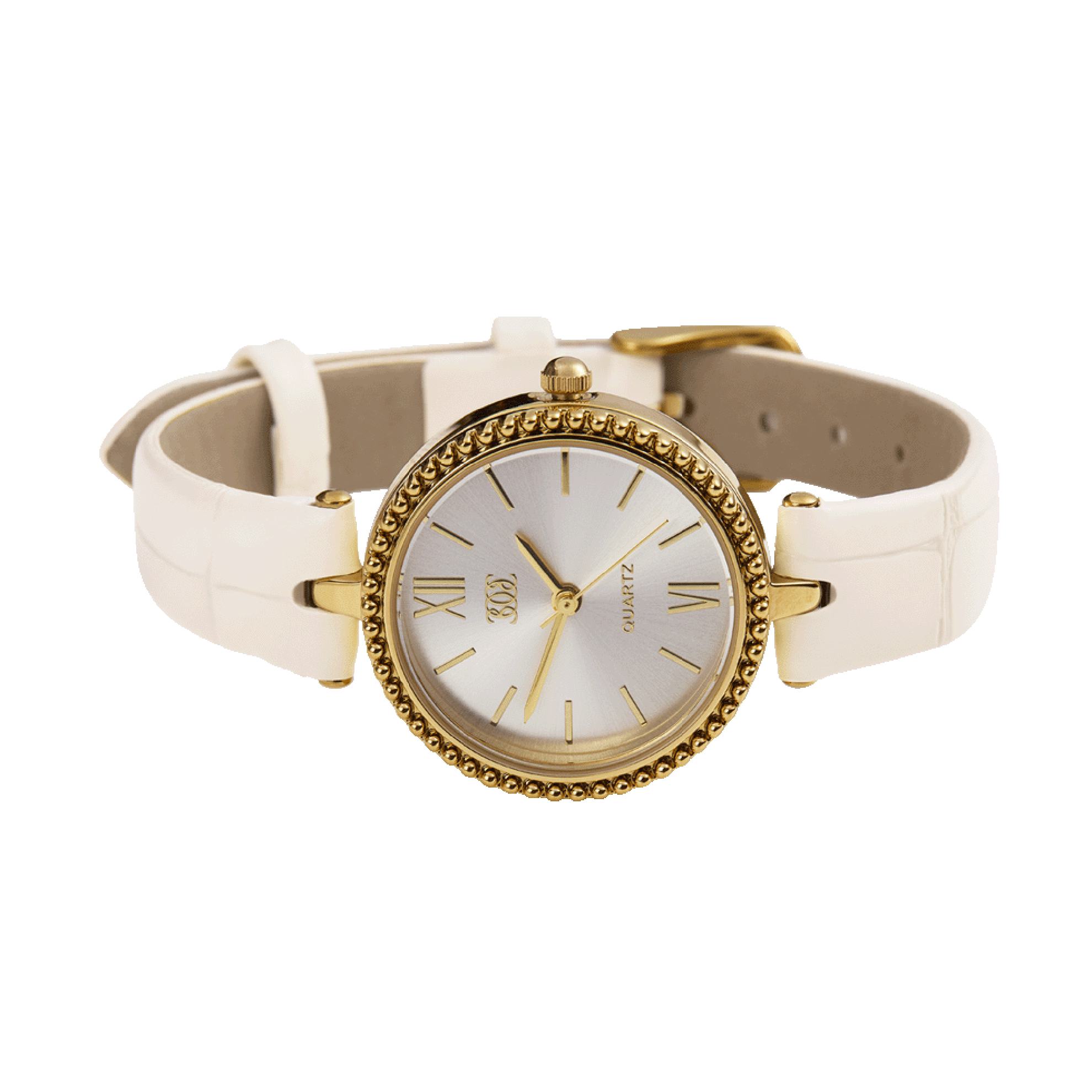 a watch with a white band