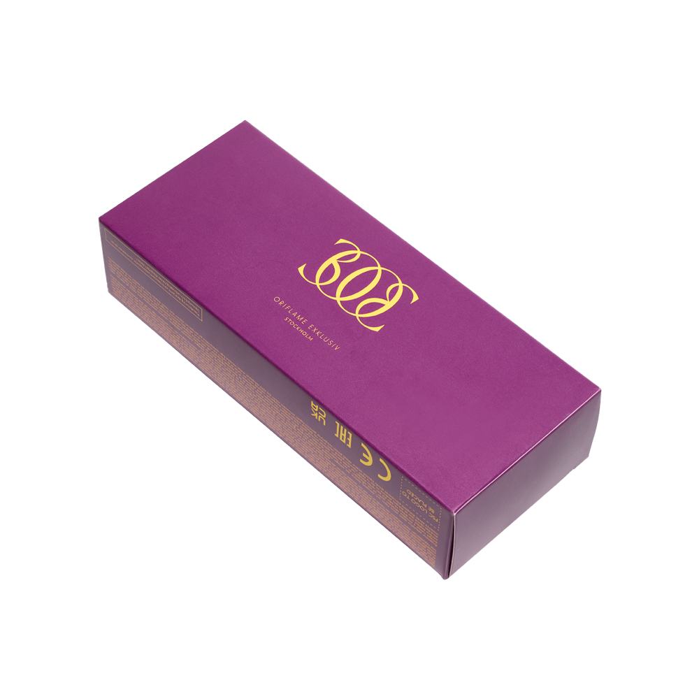 een paarse doos met gouden tekst