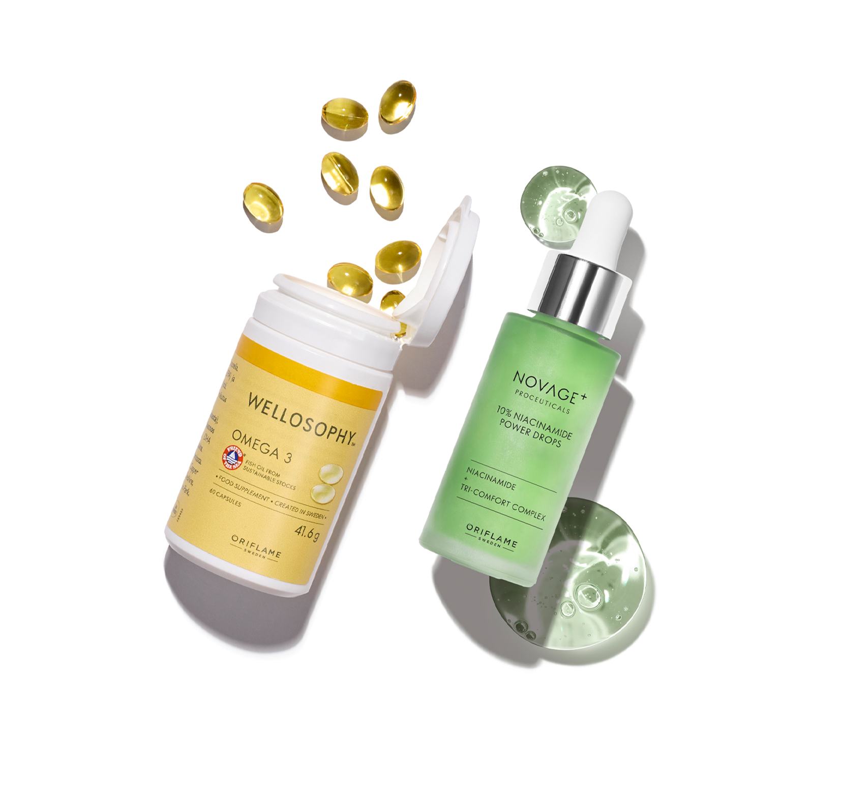 bir şişe serum ve kapsüller