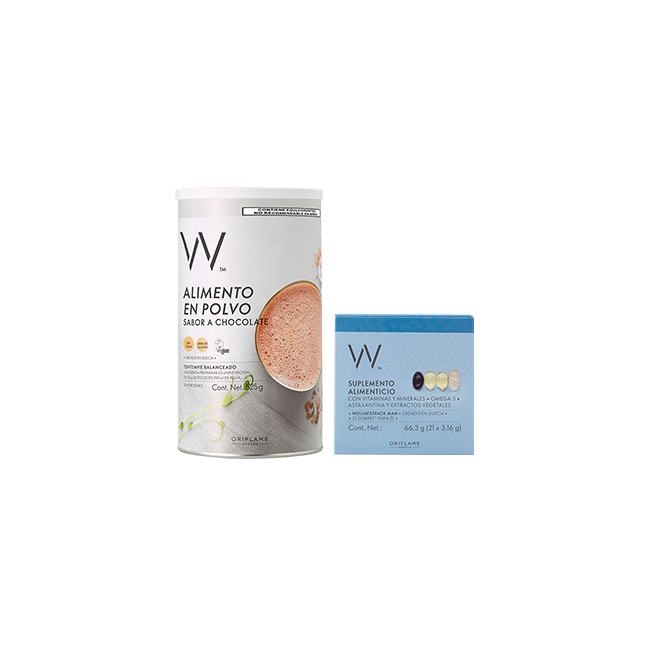 un recipiente blanco con etiqueta y un envase azul