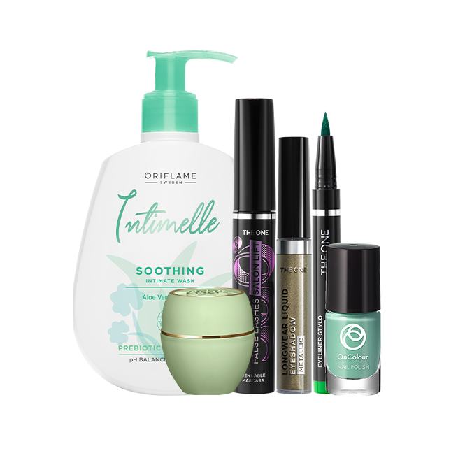 un grupo de productos de maquillaje