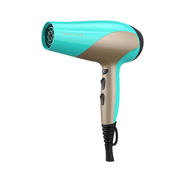 Un secador de pelo azul y plateado.